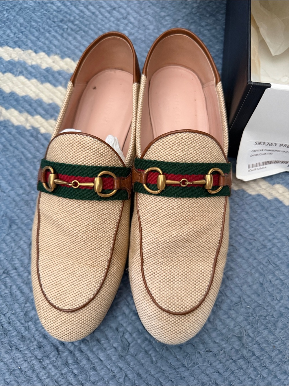 Gucci sand Beige Canvas Slip-On Charlotte Loafers with Green & Red Webbing 37